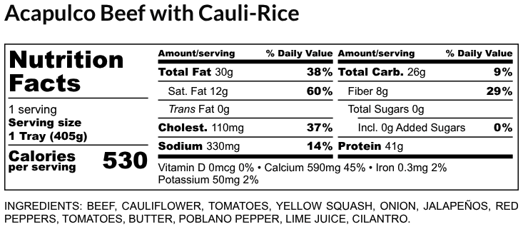 Nutritional Facts - Acapulco Beef with Cauli-Rice 6oz